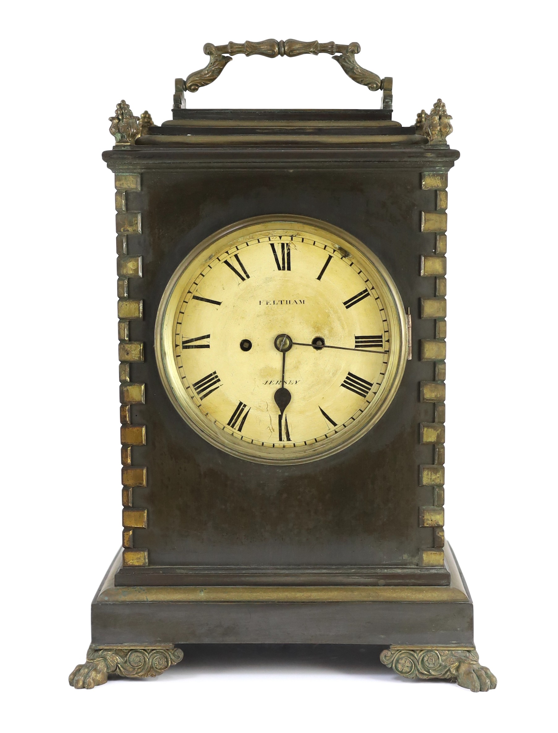 Feltham of Jersey. An early Victorian ormolu mounted ebonised bronze bracket clock, 34cm wide, 24cm deep, 52cm high